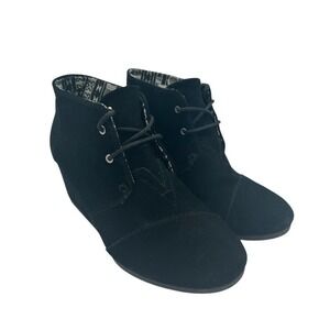 TOMS Black Suede‎ Leather Lace Up Wedge Ankle Booties Boots Women's Size 9.5